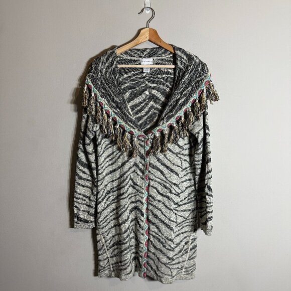 Soft Surroundings Zebra Print Fringe Knit Cardigan Sweater Women's Medium Shawl - Picture 2 of 13